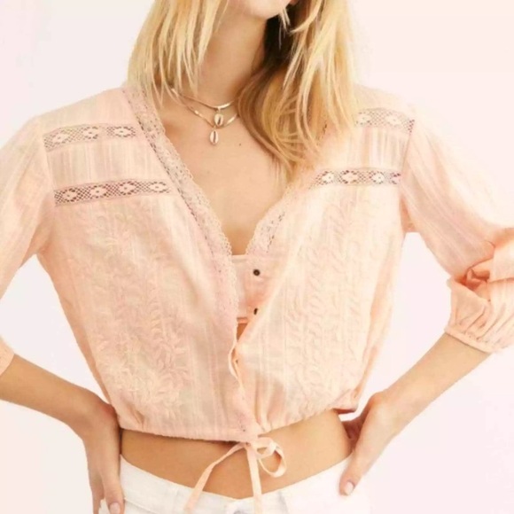 Free People Follow your Heart Peach Lace Trim Blouse (S) - Picture 4 of 4